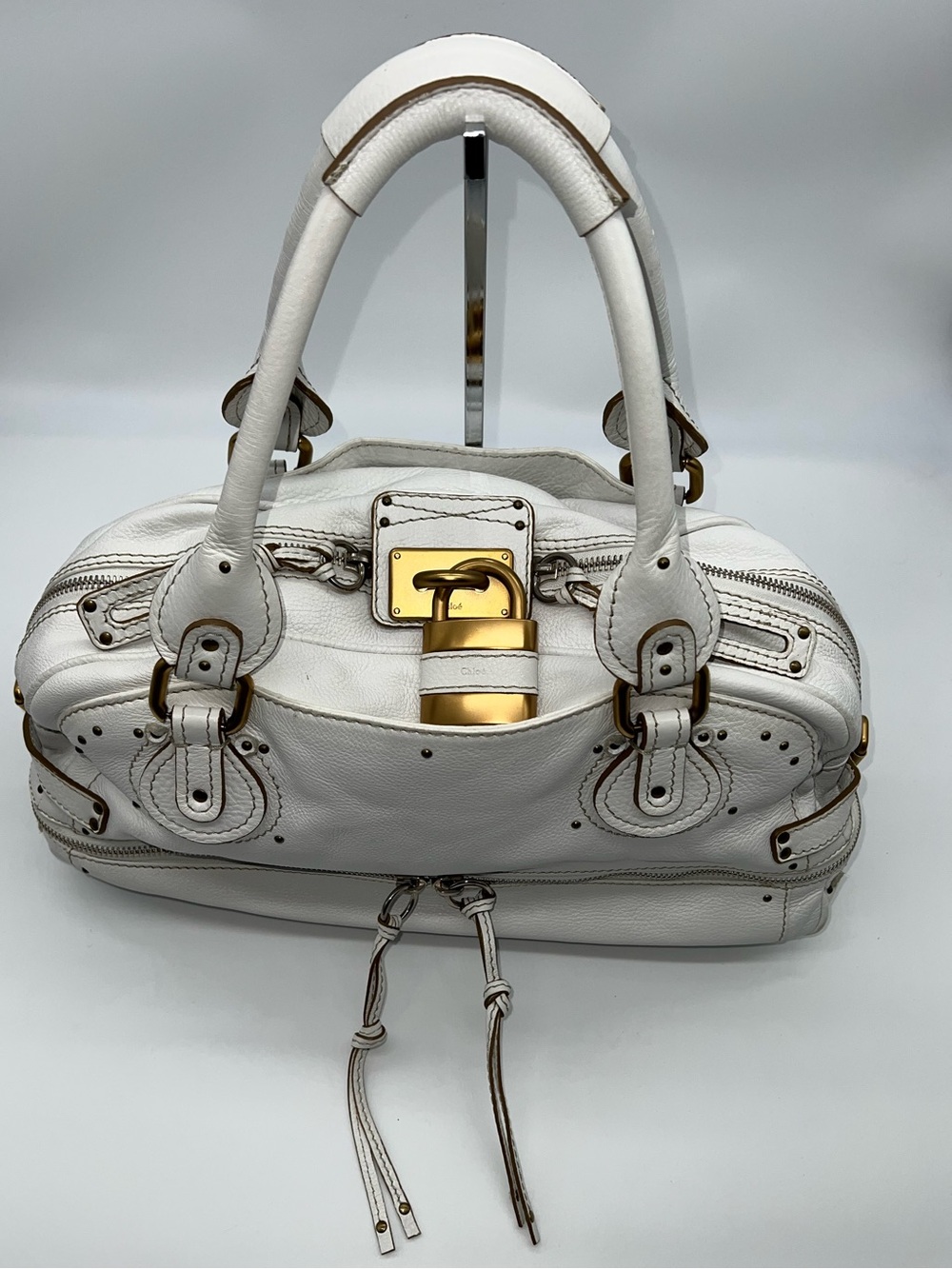 Classic Double Chloe Paddington White Leather Handbag W/Lower Zipper Compartment